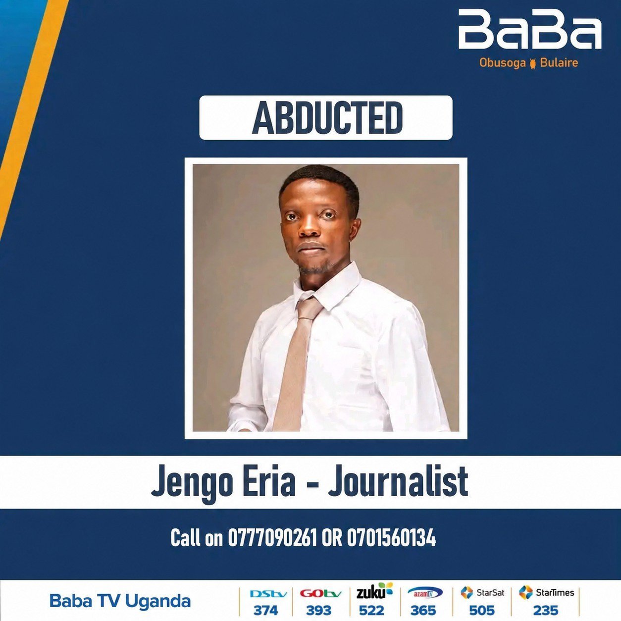 Baba TV Management Appeals for Safety of Missing Journalist Eria Jjengo